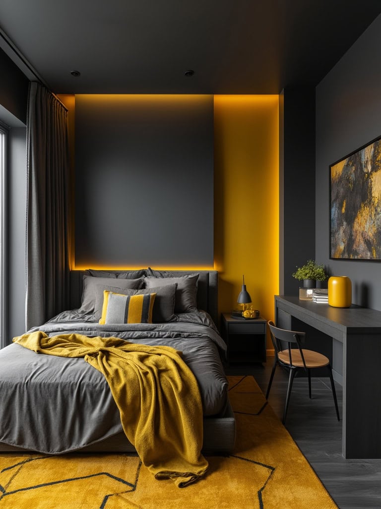 From Earthy Warmth to Bold Drama: 23 Bedroom Color Ideas to Create Your Ultimate Retreat 27 Bedroom Color Ideas - Charcoal and Mustard Yellow