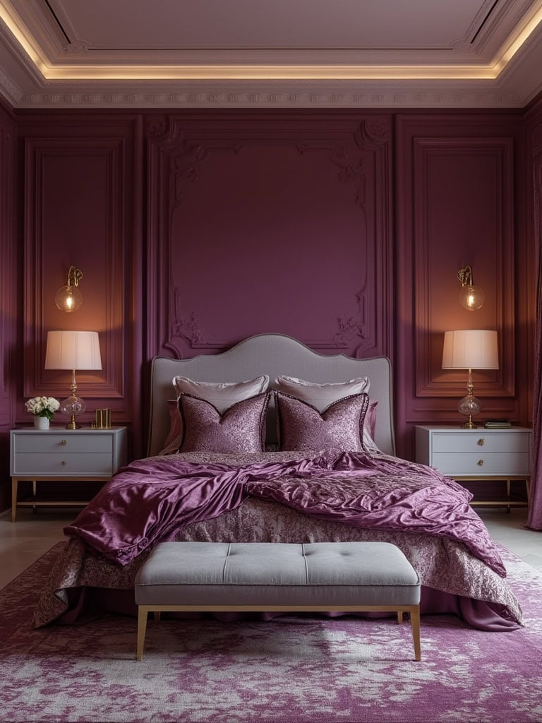 From Earthy Warmth to Bold Drama: 23 Bedroom Color Ideas to Create Your Ultimate Retreat 31 Bedroom Color Ideas - Deep Plum and Pearl
