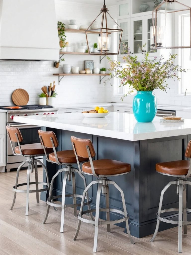 19 Amazing Modern Farmhouse Decor Ideas For a Timeless Look 30 Modern Farmhouse Decor Ideas - Industrial Barstools at the Island