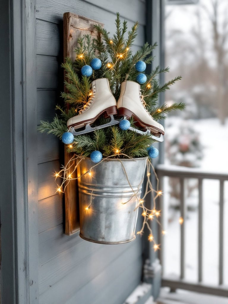 17 Cozy Farmhouse Christmas Porch Decor Ideas for a Magical Holiday Welcome 23 Farmhouse Christmas Porch Decor Ideas - Galvanized Bucket Ice Skates