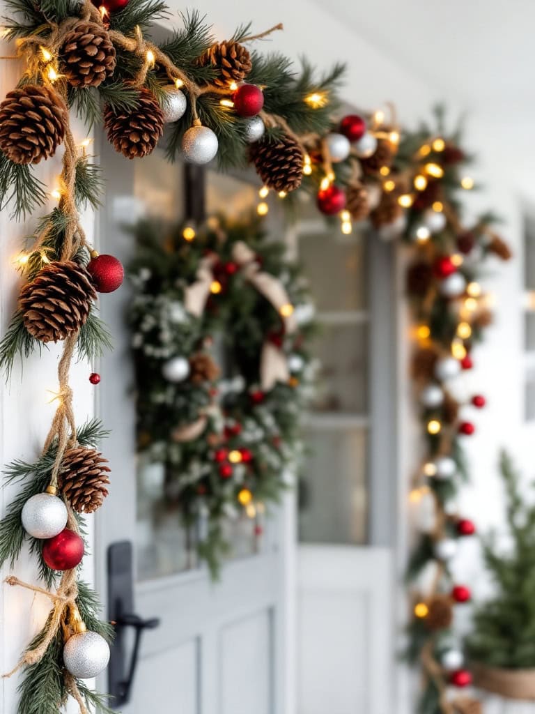 17 Cozy Farmhouse Christmas Porch Decor Ideas for a Magical Holiday Welcome 29 Farmhouse Christmas Porch Decor Ideas - Pinecone Garland Shortcut