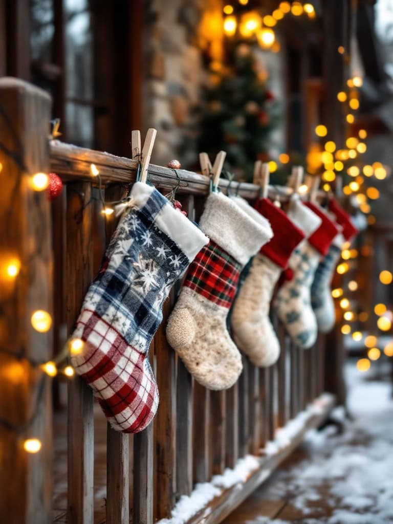 17 Cozy Farmhouse Christmas Porch Decor Ideas for a Magical Holiday Welcome 31 Farmhouse Christmas Porch Decor Ideas - Stocking Line Across the Rail