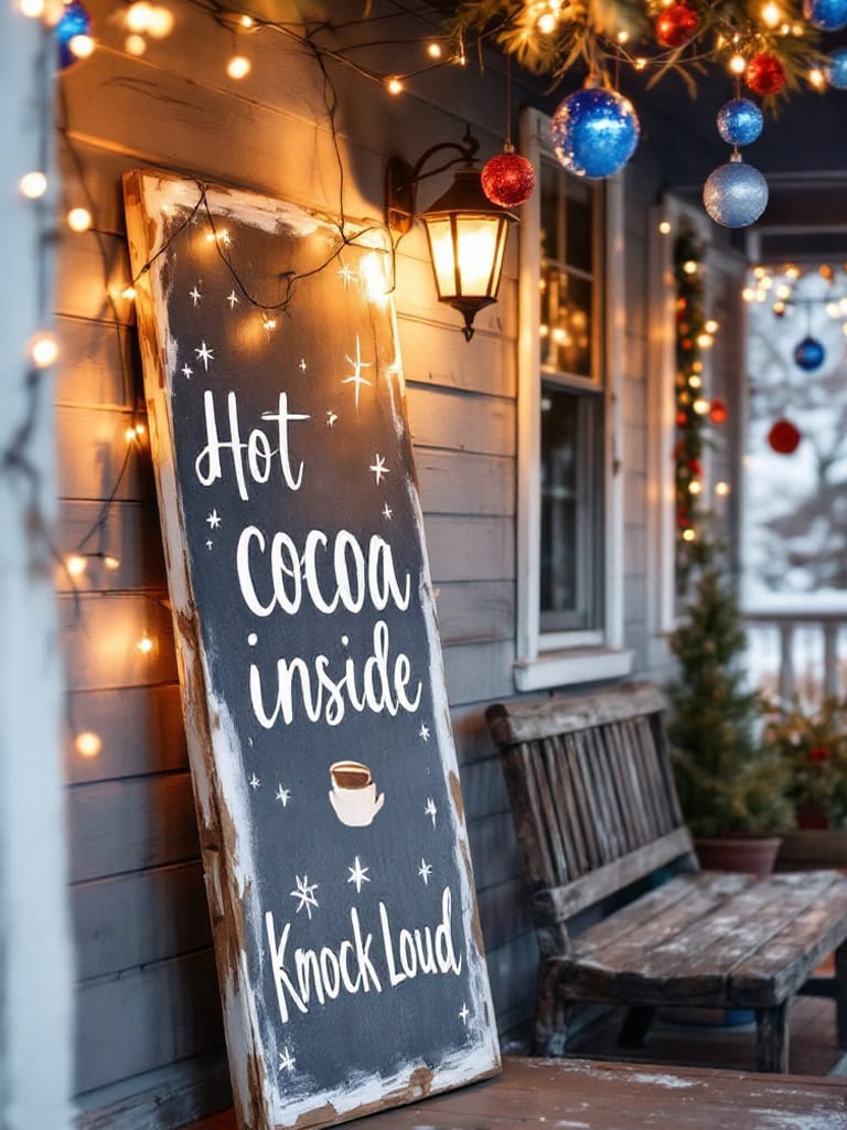 17 Cozy Farmhouse Christmas Porch Decor Ideas for a Magical Holiday Welcome 32 Farmhouse Christmas Porch Decor Ideas - Hot Cocoa Welcome Sign