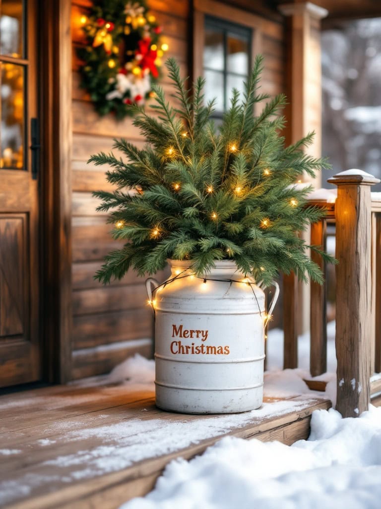 17 Cozy Farmhouse Christmas Porch Decor Ideas for a Magical Holiday Welcome 13 Farmhouse Christmas Porch Decor Ideas - Milk Can Evergreen Statement