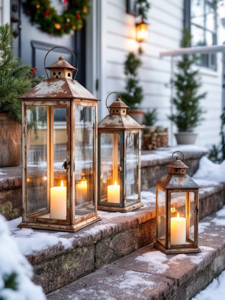 17 Cozy Farmhouse Christmas Porch Decor Ideas for a Magical Holiday Welcome 14 Farmhouse Christmas Porch Decor Ideas - Lantern Pathway Smiles