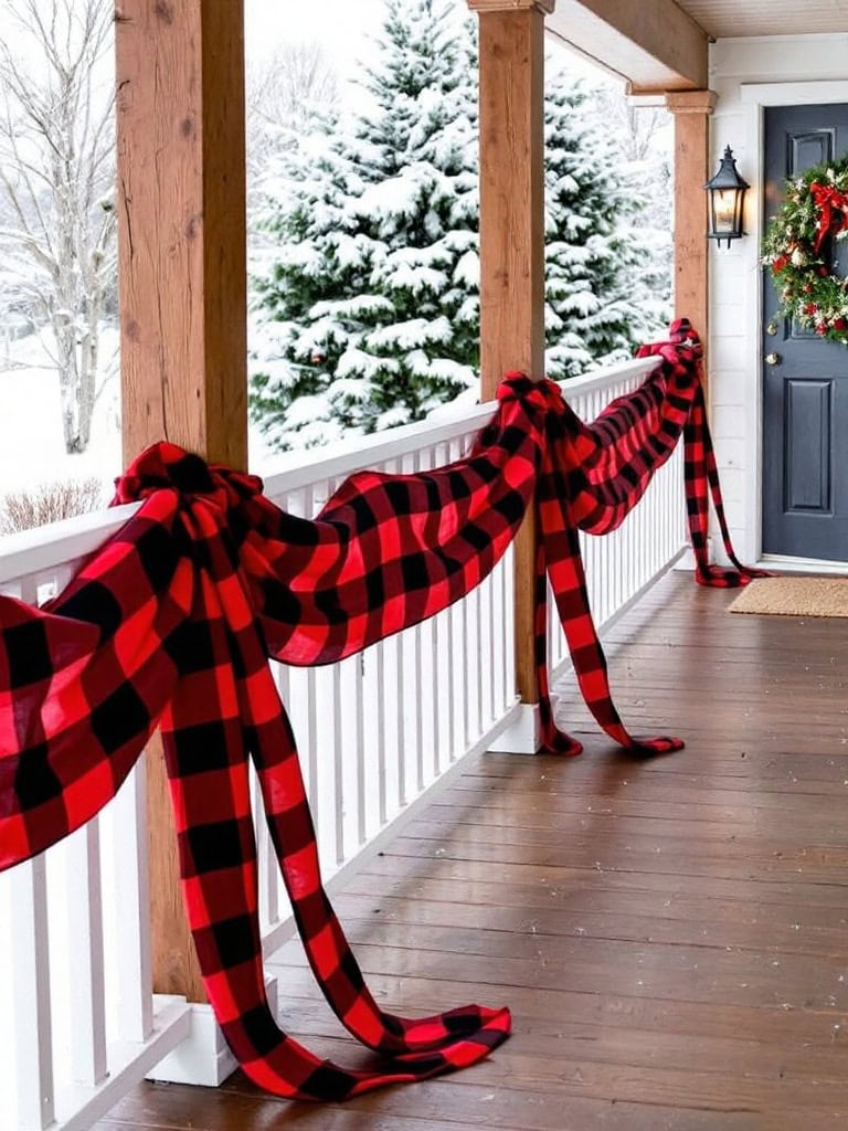 17 Cozy Farmhouse Christmas Porch Decor Ideas for a Magical Holiday Welcome 20 Farmhouse Christmas Porch Decor Ideas - Buffalo Check Ribbon Waterfall