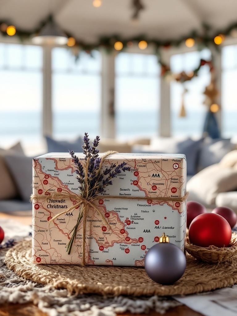17 Beach House Christmas Decor That Actually Works (No Tinsel Required!) 24 Beach House Christmas Decor - Road Map Wrapping, Treasure Hunt Unfolds