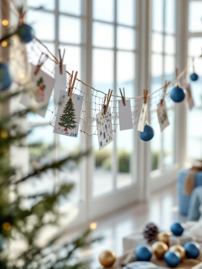 17 Beach House Christmas Decor That Actually Works (No Tinsel Required!) 33 Beach House Christmas Decor - Fishing Net Holds Christmas Cards Aloft