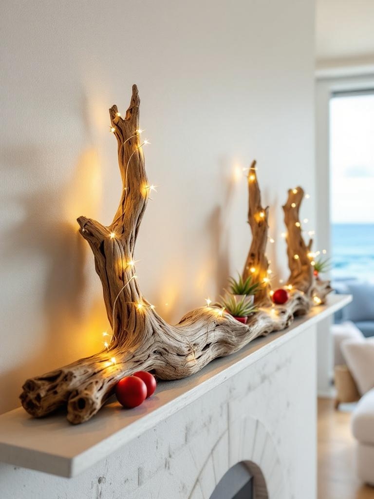 17 Beach House Christmas Decor That Actually Works (No Tinsel Required!) 14 Beach House Christmas Decor - Driftwood Mantel Beats Store-Bought Any Day