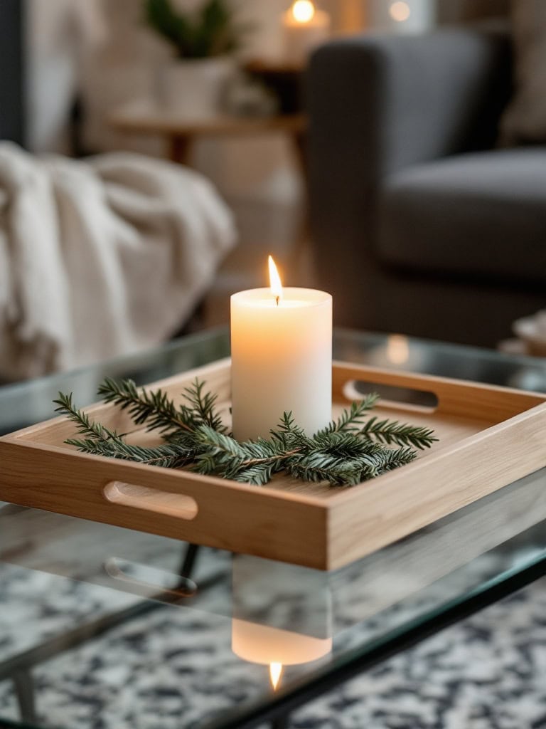 17 Easy Christmas Coffee Table Tray Decor Ideas for a Festive Living Room 13 Christmas Coffee Table Tray Decor Ideas - The One Candle Rule