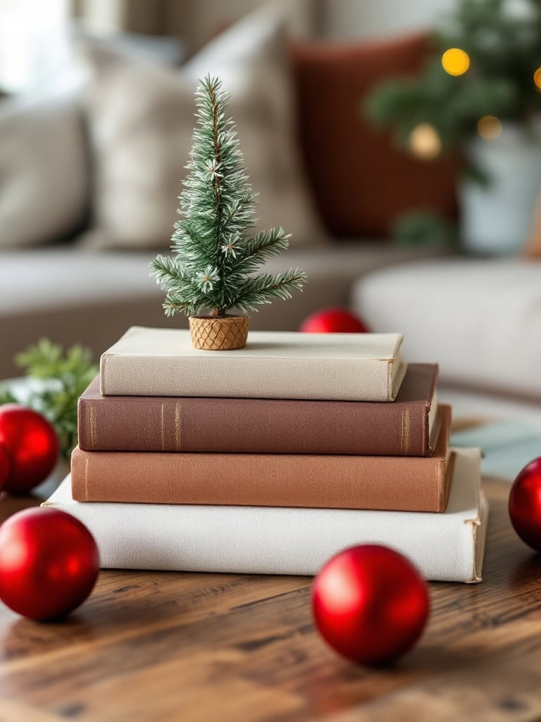 17 Easy Christmas Coffee Table Tray Decor Ideas for a Festive Living Room 18 Christmas Coffee Table Tray Decor Ideas - Book Stack Tree