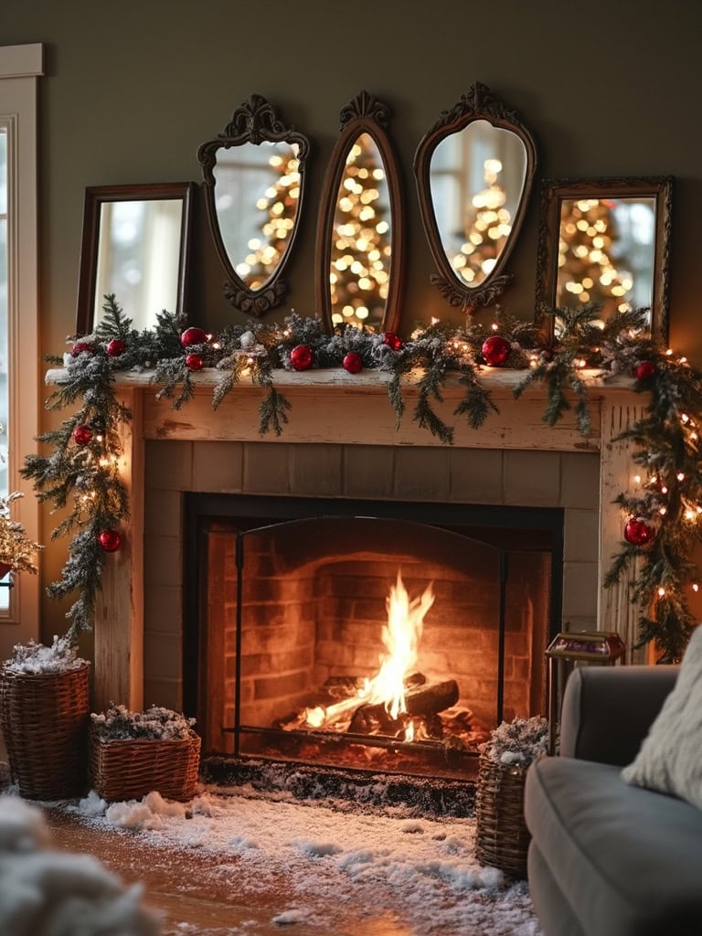 19 Magical Christmas Fireplace Decor Ideas to Make Your Home Glow 27 Christmas Fireplace Decor Ideas - Thrifted Hand Mirrors Multiply the Fire Like Magic