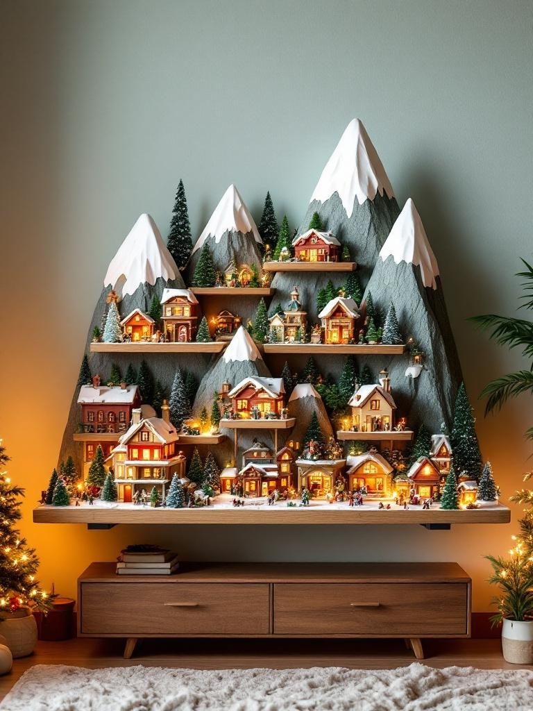 15 Whimsical Christmas Village Decor Ideas for Family Festivities 12 Christmas Village Decor Ideas - Floating Shelf Mountain Range