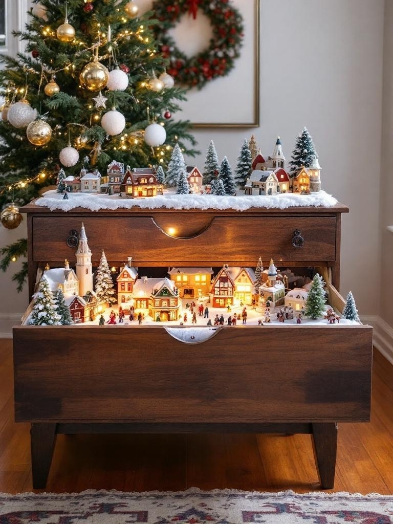 15 Whimsical Christmas Village Decor Ideas for Family Festivities 19 Christmas Village Decor Ideas - Dresser Drawer Village