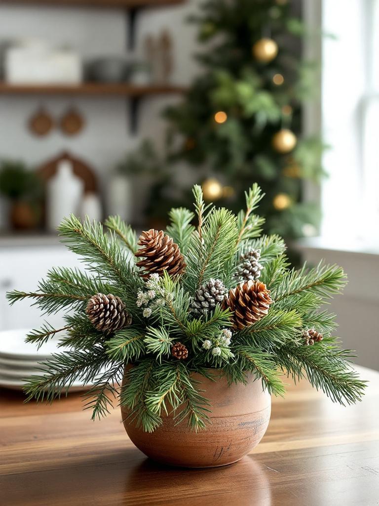 13 Kitchen Winter Home Decor Essentials for the Holiday Season 17 Pine-Branch Centerpiece in a Low Clay Planter