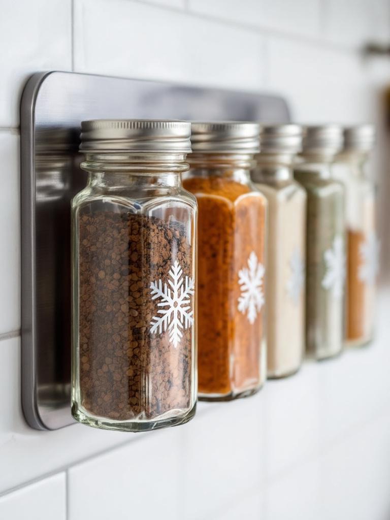 13 Kitchen Winter Home Decor Essentials for the Holiday Season 19 Magnetic Spice Jars with Silver Snowflake Labels