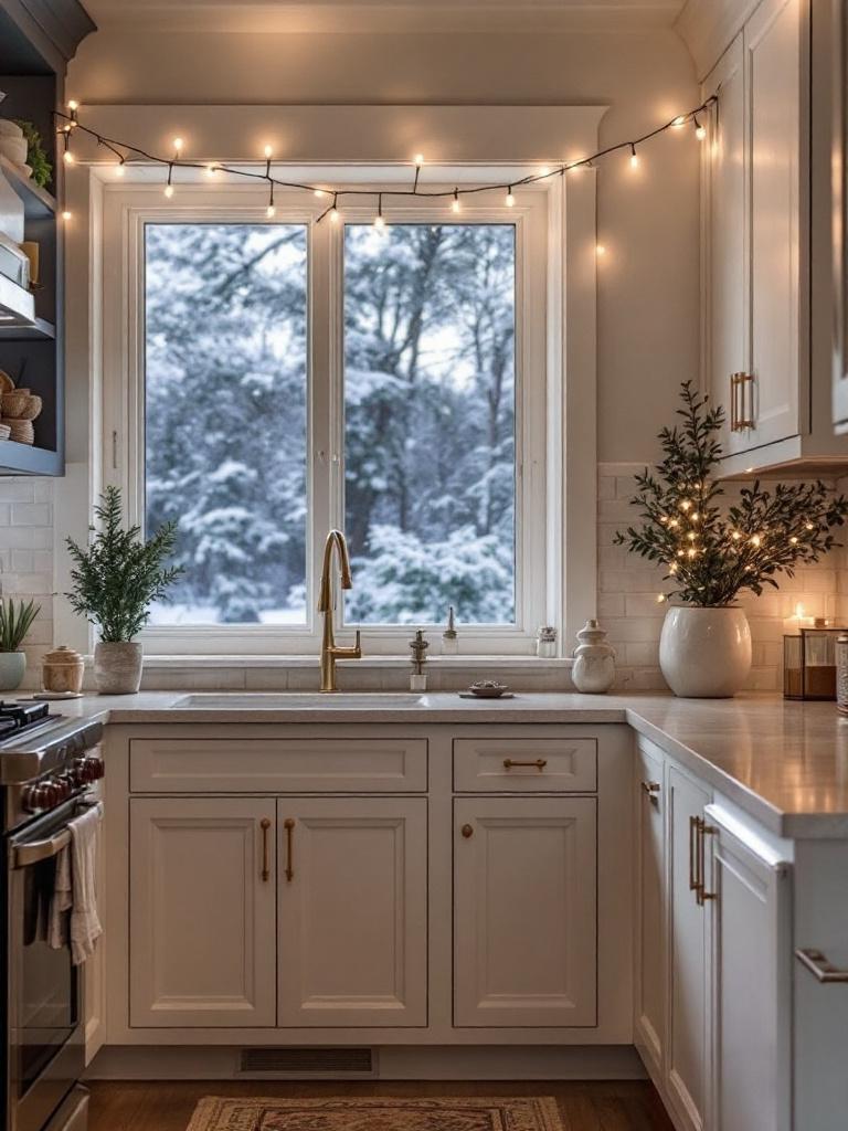 13 Kitchen Winter Home Decor Essentials for the Holiday Season 8 Warm White Fairy Lights Above Cabinets