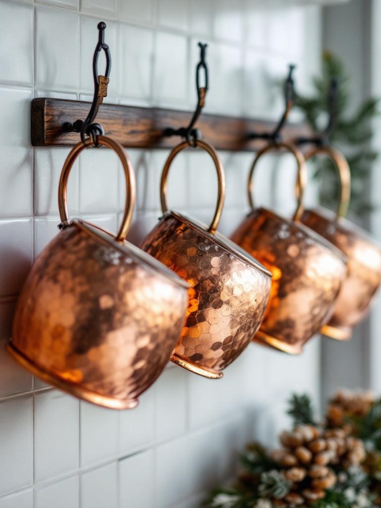 13 Kitchen Winter Home Decor Essentials for the Holiday Season 16 Vintage Copper Mugs Hung on Display