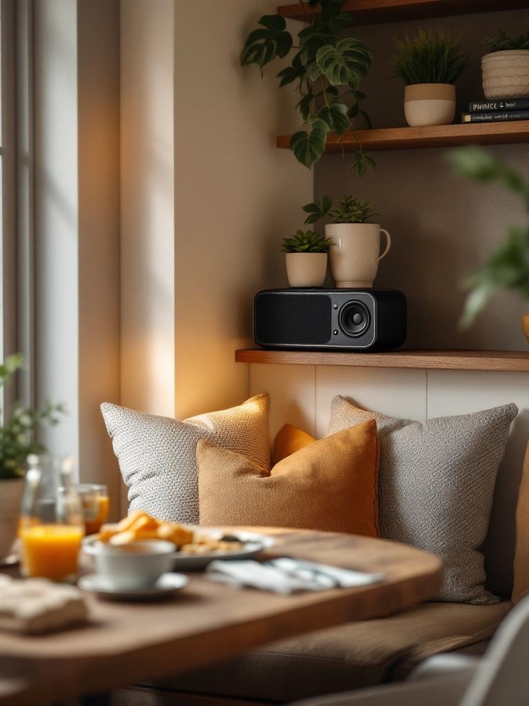 17 Winter Breakfast Nook Decor Ideas to Brighten the Darkest Mornings 29 Personal Playlist Speaker Shelf