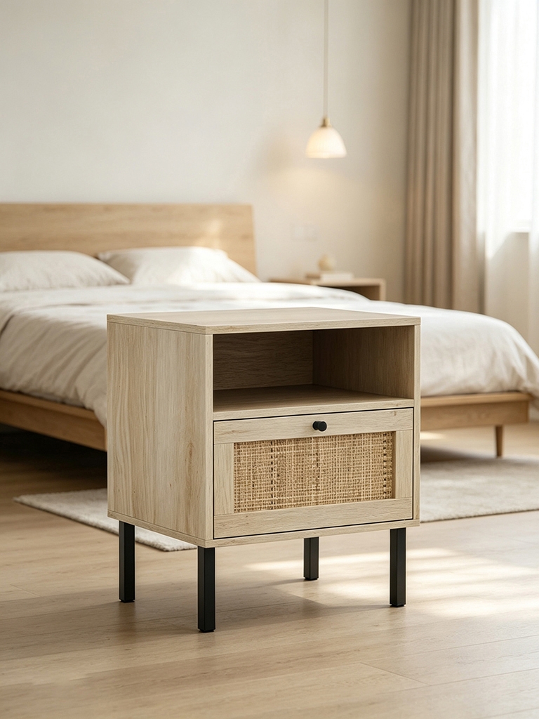 11 Small Bedroom Nightstands That Maximize Every Inch 7 Wayfair's Aimara Rectangular Nightstand with Rattan Door