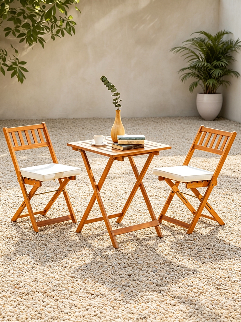 13 Small Backyard Decor Ideas That Look Amazing Without Grass 7 Small outdoor backyard without grass with a wood table and two folding chairs on a pea gravel patio
