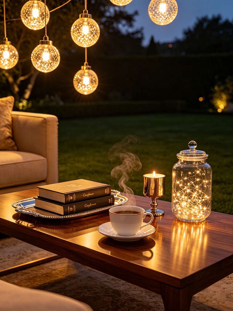11 Patio Coffee Table Decor Ideas That Survive the Elements 14 Hang a String of Globe Lights Above the Table