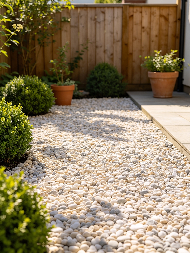 13 Small Backyard Decor Ideas That Look Amazing Without Grass 6 Small no-grass backyard with pea gravel ground cover and concrete stepping stone pavers defining a walking area