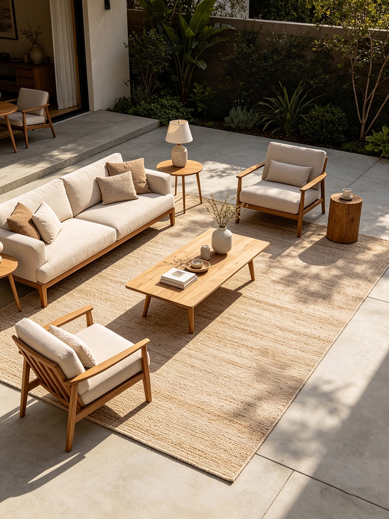 10 Outdoor Decor Mistakes and How to Fix Them 5 outdoor decor mistake undersized rug on patio with furniture legs hanging off edges