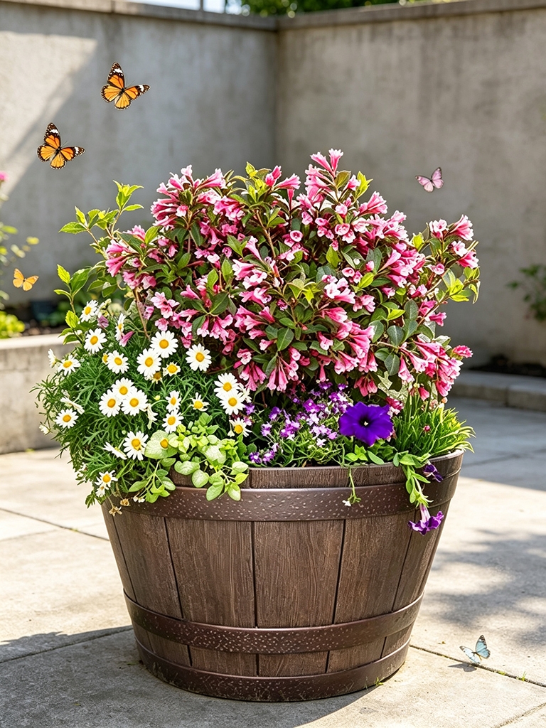 13 Small Backyard Decor Ideas That Look Amazing Without Grass 13 Large rolled outdoor planter with flowers anchoring the corner of a small no-grass backyard patio