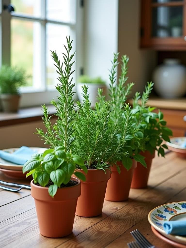 Dining Table Centerpiece Ideas - Colorful Terracotta Pot Herb Display