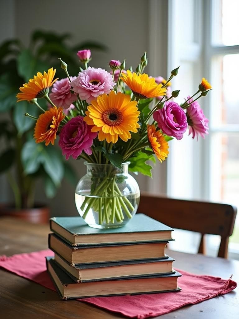 Dining Table Centerpiece Ideas - Vintage Books Stacked with Fresh Flowers