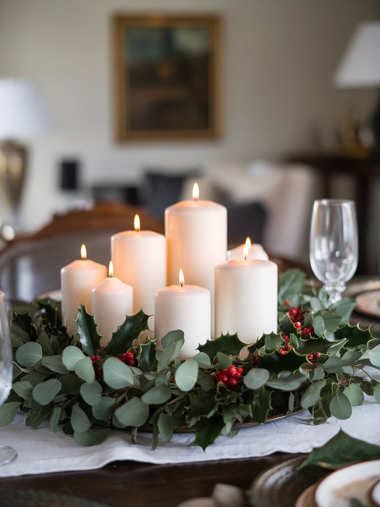 Dining Table Centerpiece Ideas - Classic Candle Arrangement with Greenery