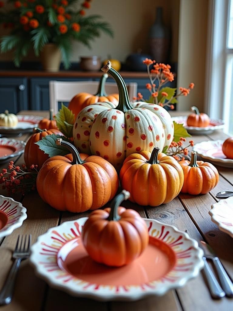 Dining Table Centerpiece Ideas - Artistic Centerpiece with Painted Pumpkins