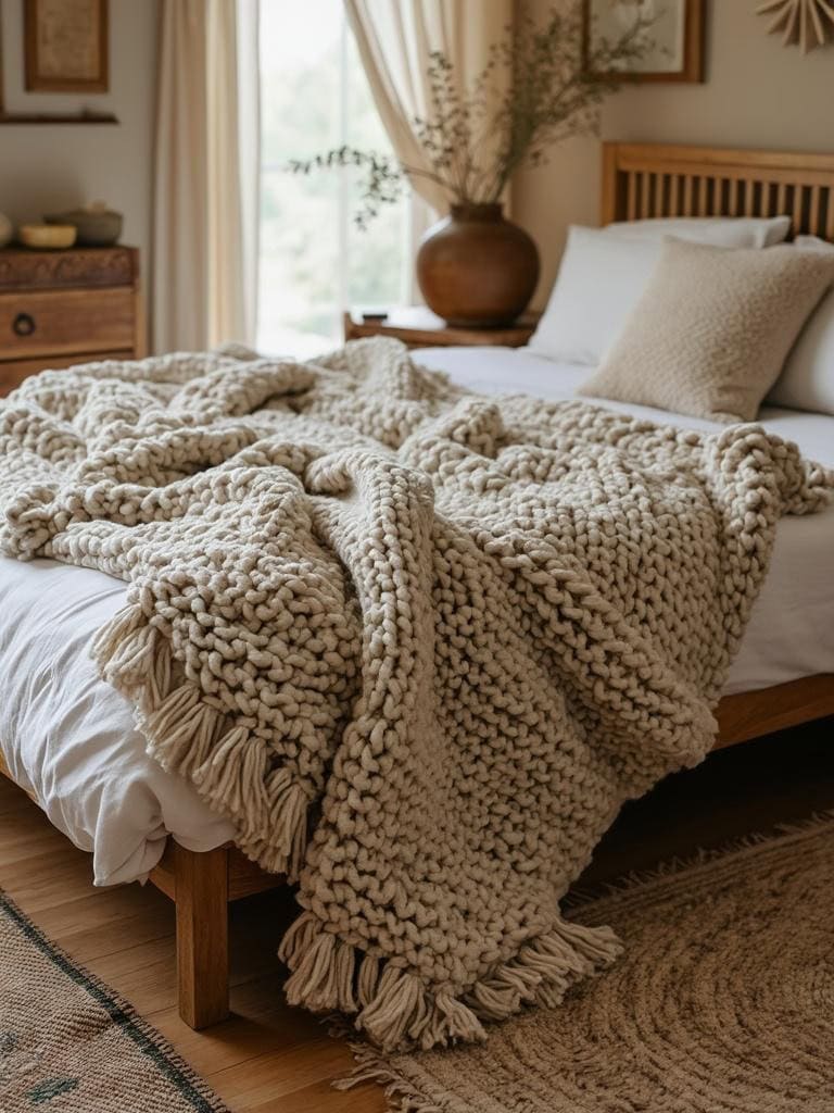 19 Boho Decor Bedroom Ideas That Will Make You Redecorate Tonight 27 Boho Decor Bedroom Ideas - Chunky Knit Blanket: Texture Hug