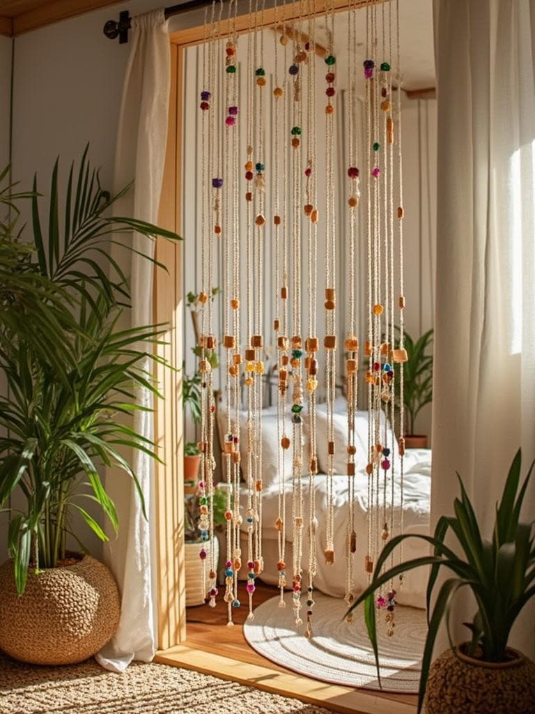19 Boho Decor Bedroom Ideas That Will Make You Redecorate Tonight 37
Boho Decor Bedroom Ideas - String Bead Curtain: Playful Flair