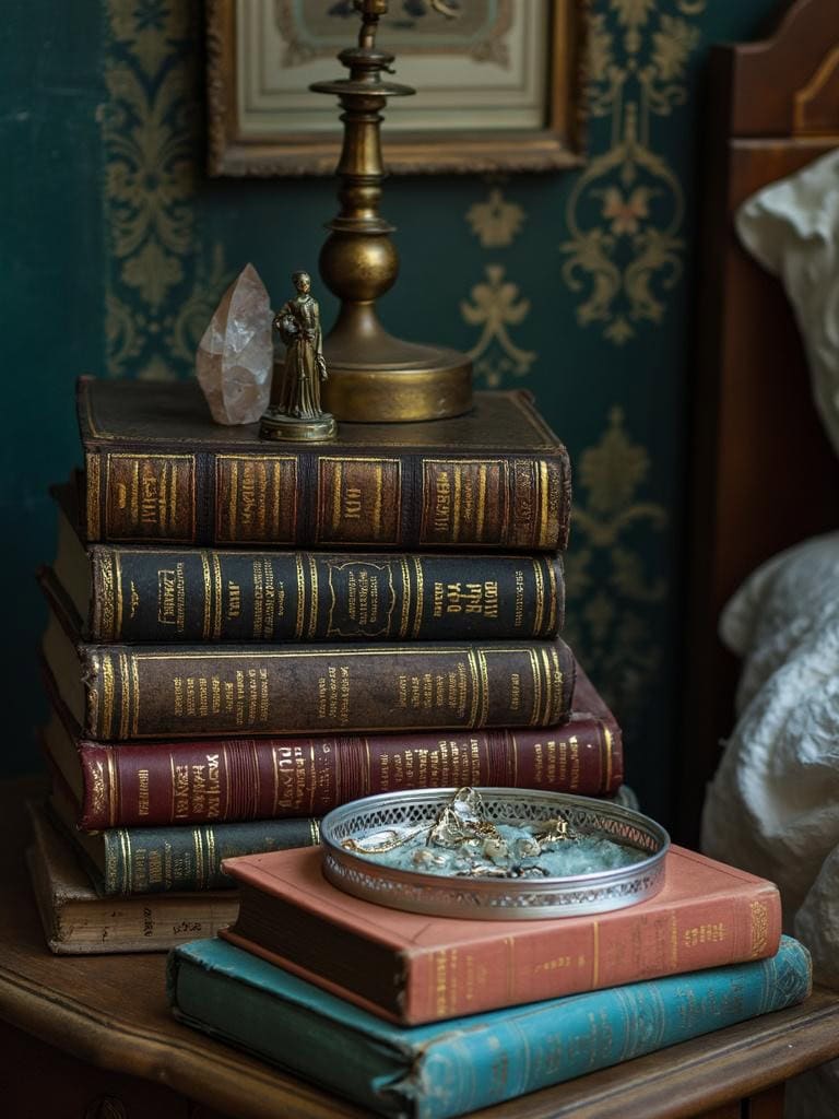 21 Vintage Decor for Bedroom Ideas That Are Straight Out of a Dream (Boho Bliss Inside!) 27 Vintage Decor for Bedroom Ideas - Stacked Book Beauty