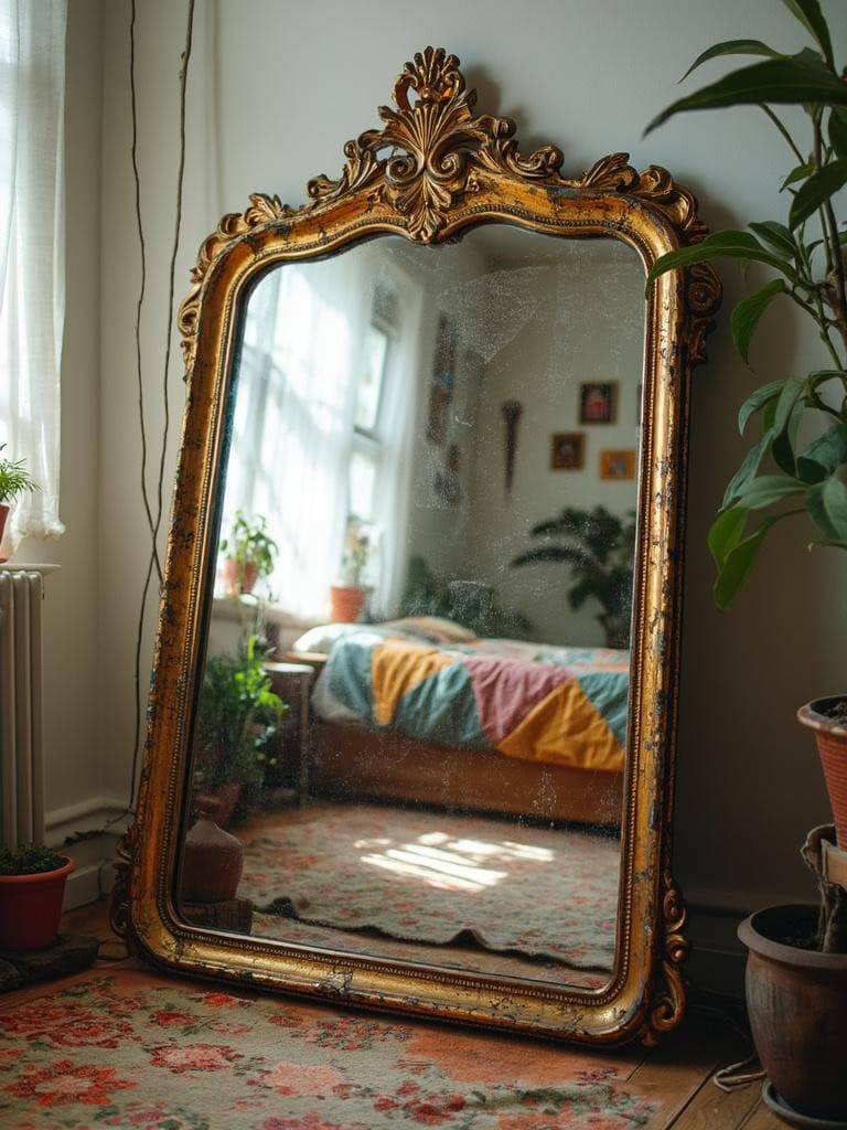 21 Vintage Decor for Bedroom Ideas That Are Straight Out of a Dream (Boho Bliss Inside!) 29 Vintage Decor for Bedroom Ideas - Vintage Mirror Glow