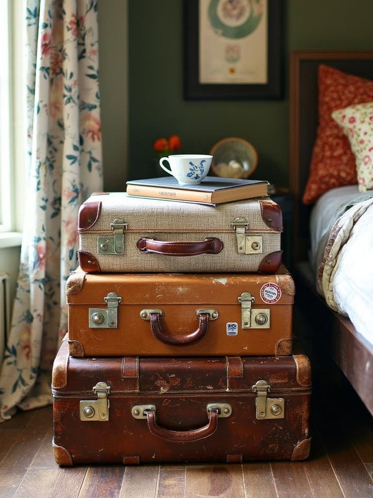 21 Vintage Decor for Bedroom Ideas That Are Straight Out of a Dream (Boho Bliss Inside!) 41 Vintage Decor for Bedroom Ideas - Stacked Suitcase Side Table