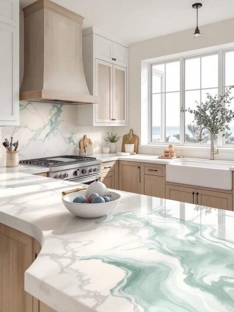17 Coastal Kitchen Designs That Feel Like a Deep Breath of Ocean Breeze 24 Coastal Kitchens Designs - Countertops with Sea Mist Swirls