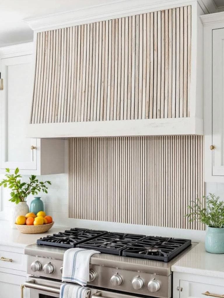 17 Coastal Kitchen Designs That Feel Like a Deep Breath of Ocean Breeze 27 Coastal Kitchen Designs - Slatted Wood Hood Cover (Genius)