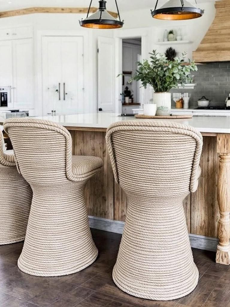 17 Coastal Kitchen Designs That Feel Like a Deep Breath of Ocean Breeze 17 Coastal Kitchen Designs - Barstools with a Rope Hug