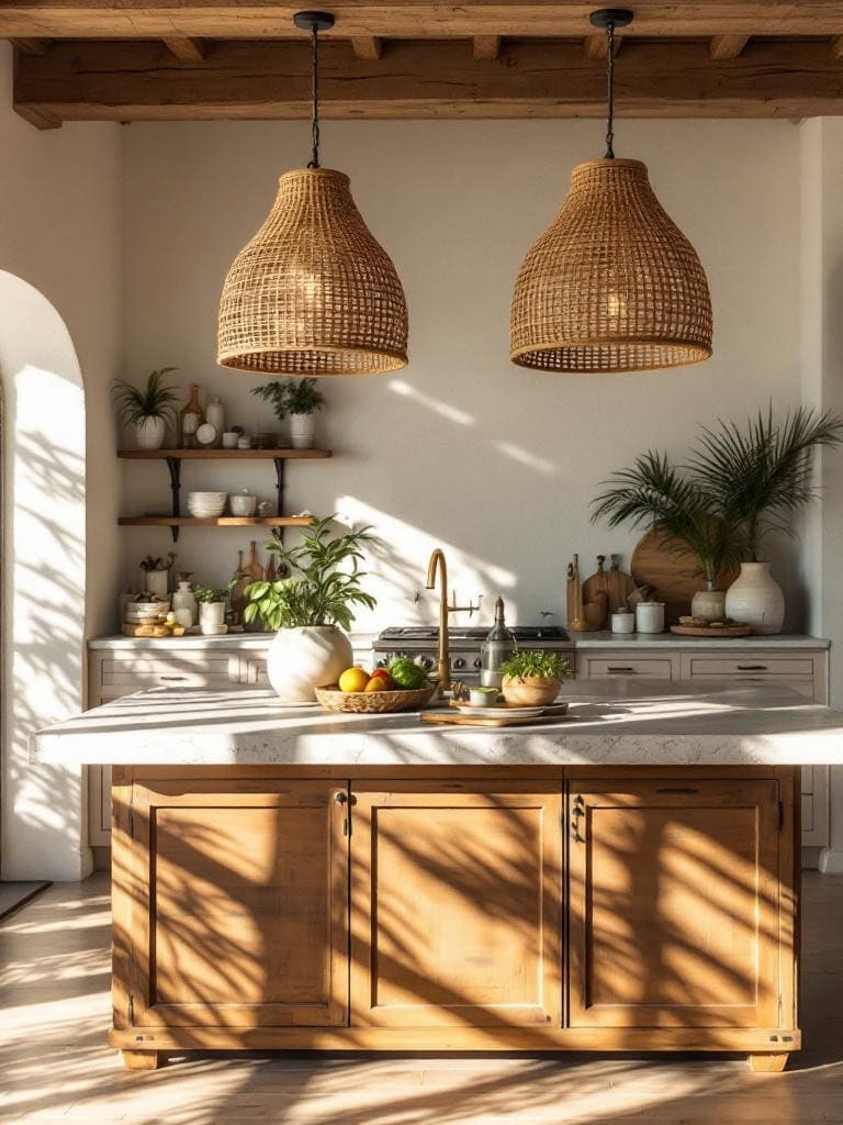 17 Coastal Kitchen Designs That Feel Like a Deep Breath of Ocean Breeze 21 Coastal Kitchen Designs - Wicker Pendants Casting Sunshine