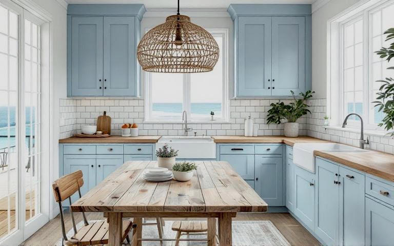 A blue coastal kitchen with wooden table and chairs.