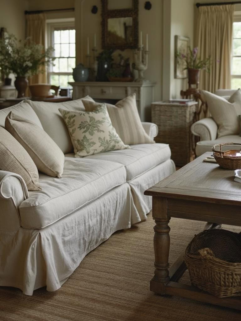 French English Cottage Living Room - Linen Slipcovers