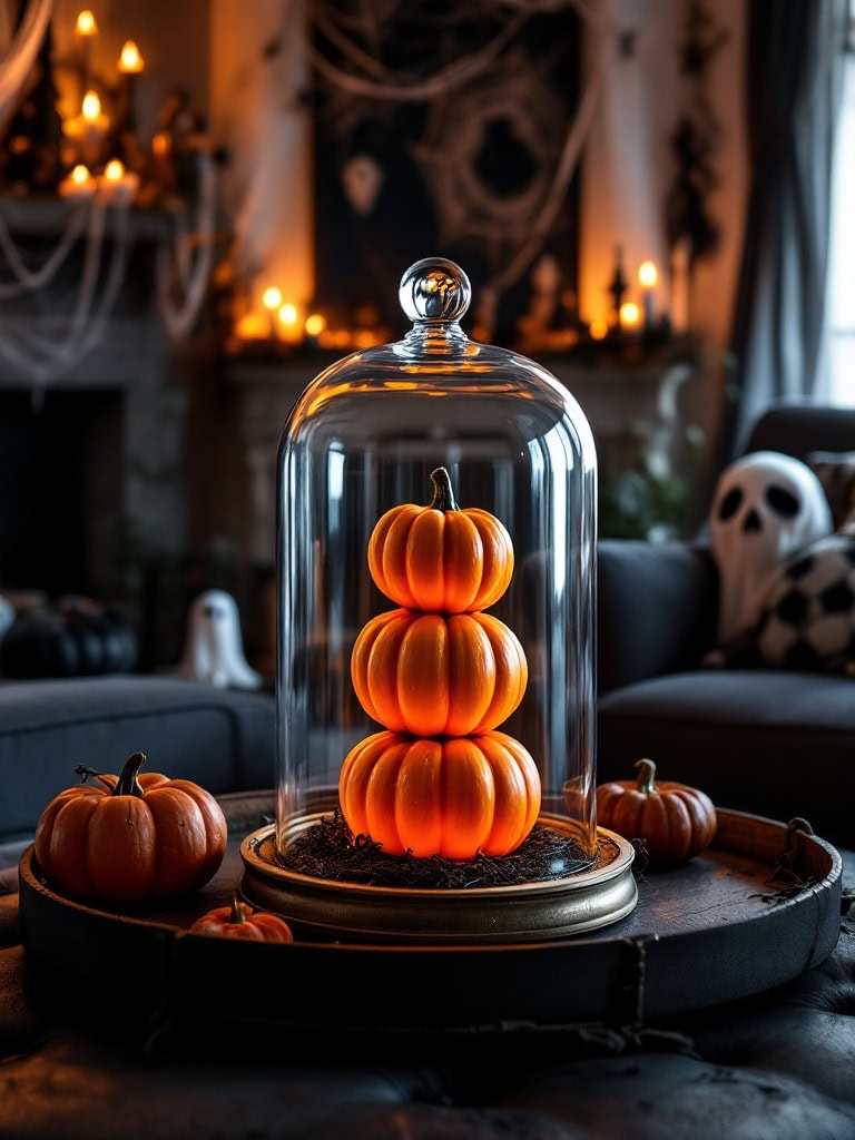 Halloween Living Room Decor Ideas - Pumpkin Stack Under Glass