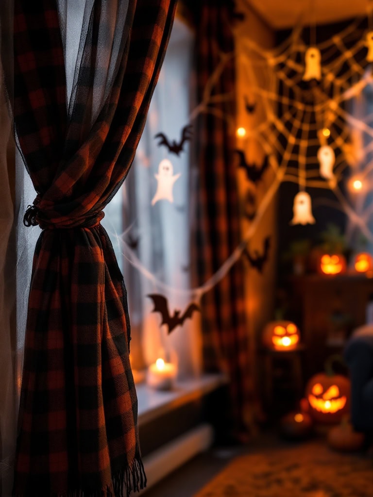 Halloween Living Room Decor Ideas - Plaid Blanket Curtain Tie