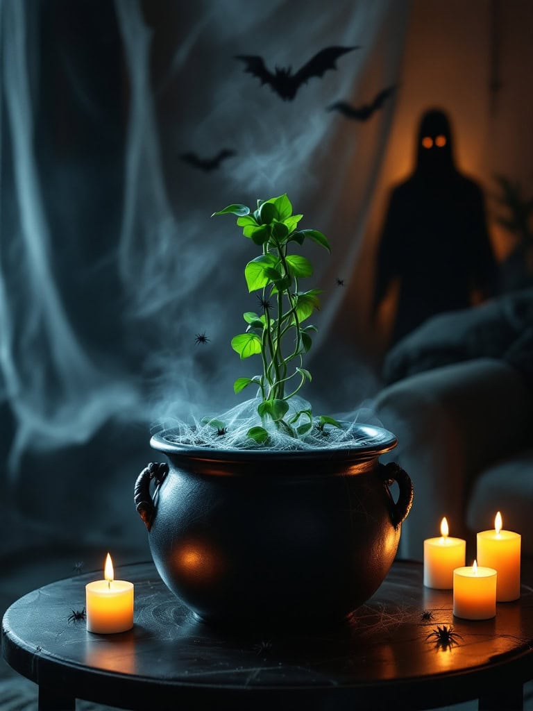 Halloween Living Room Decor Ideas - Mini Cauldron Planter