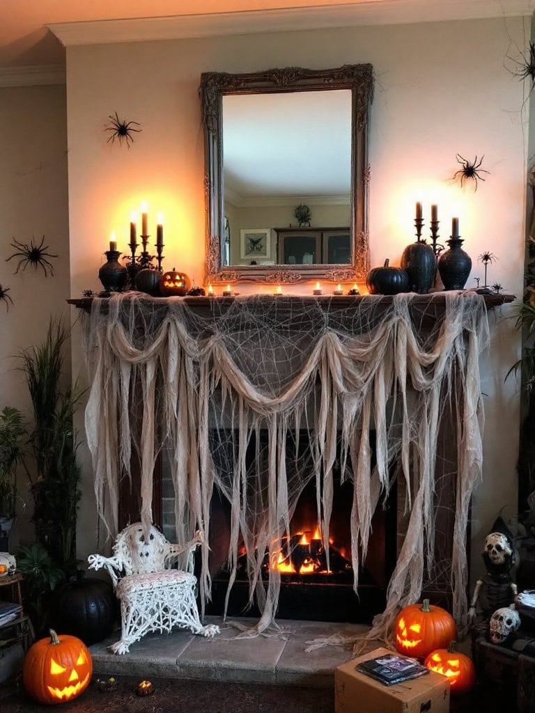 Halloween Living Room Decor Ideas - Cheesecloth Cobweb Mantel