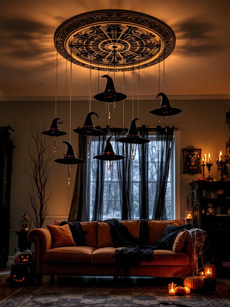 Halloween Living Room Decor Ideas - Floating Witch Hats
