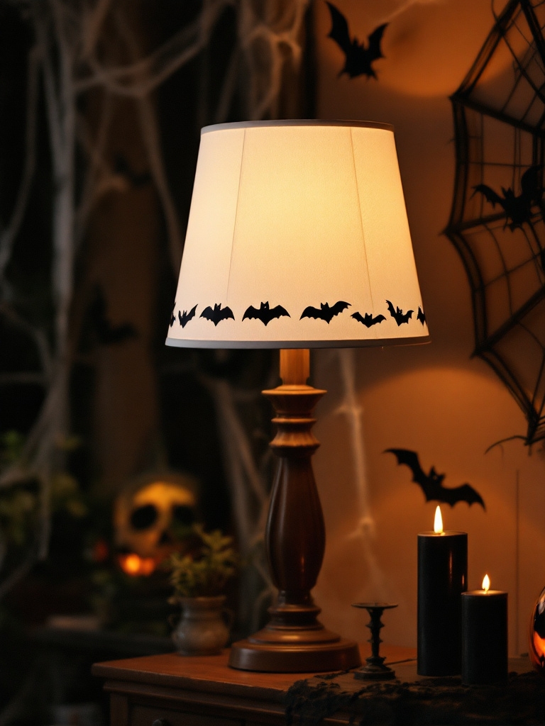 Halloween Living Room Decor Ideas - Bat Stamp Lampshade
